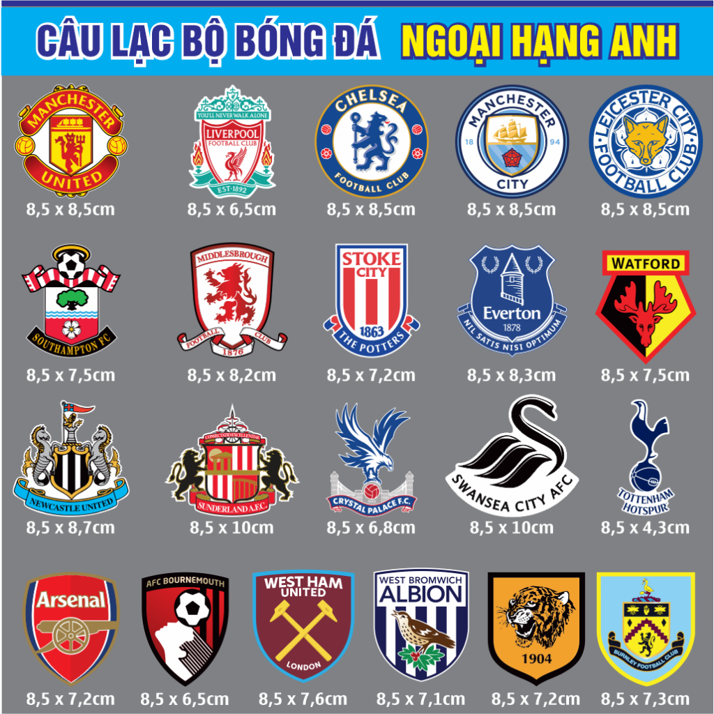 1 TEM LOGO CÂU LẠC BỘ BÓNG ĐÁ NGOẠI HẠNG ANH PREMIER LEAGUE LIVERPOOL MU MAN CITY CHELSEA ARSENAL. Sticker Chống nước