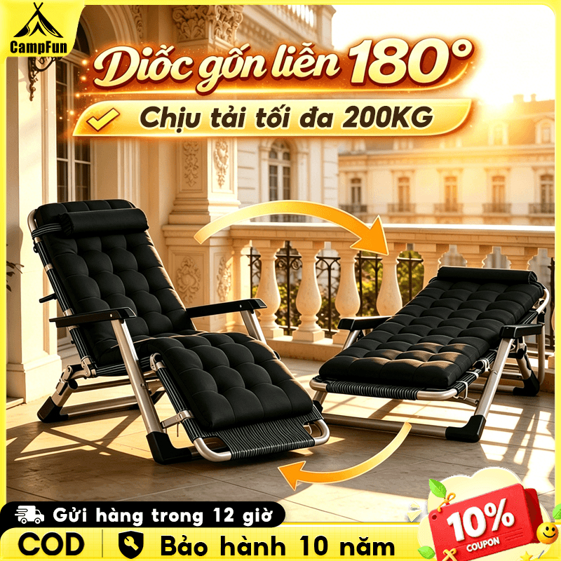 Ghế Thư Giãn Ghế Lười Ghế Bố Xếp Gấp Gọn 180° Kèm Nệm Cao Cấp Và Gối, Ghế Ngủ Trưa Văn Phòng Chịu Lực 200KG