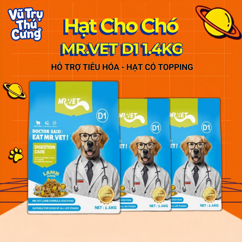 (1.4Kg) Thức Ăn Hạt Mr.Vet Cho Chó Không Độn Ngũ Cốc & Topping Thịt Sấy