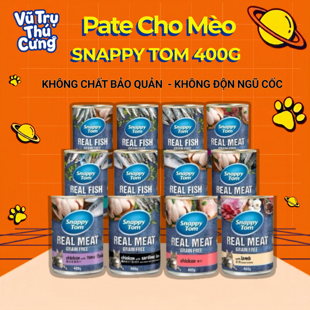 Pate lon Snappy Tom Real Fish và Real Meat 400g cho Mèo