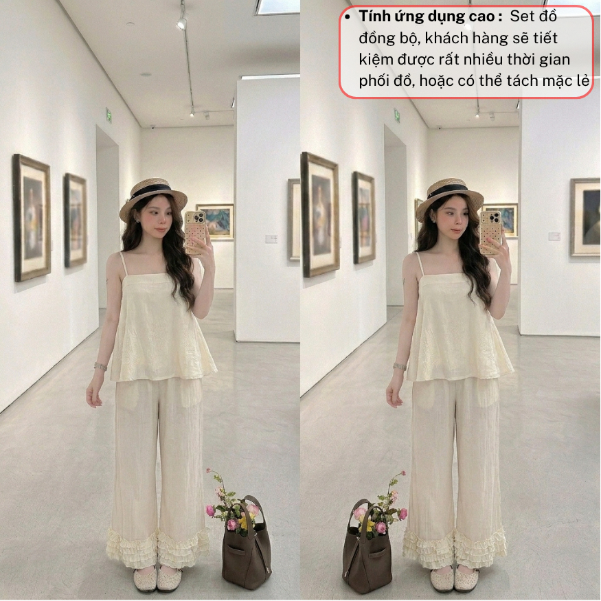 Bộ đồ nữ áo 2 dây phối quần dài suông, set quần áo nữ phong cách Hàn JUMITO HCOM27129