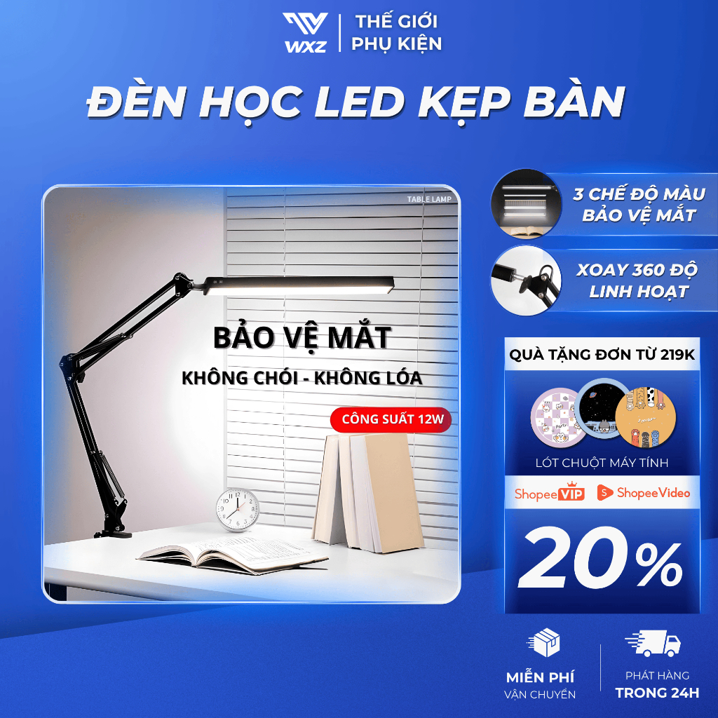 Đèn LED Kẹp Bàn Bảo Vệ Mắt, 3 Chế Độ Ánh Sáng, Chống Chói, Điều Chỉnh Gấp Gọn Linh Hoạt Xoay 360 Độ