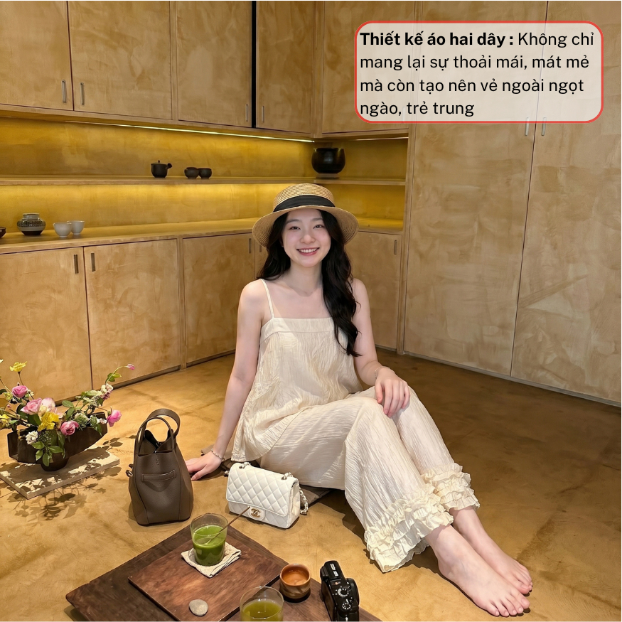 Bộ đồ nữ áo 2 dây phối quần dài suông, set quần áo nữ phong cách Hàn JUMITO HCOM27129