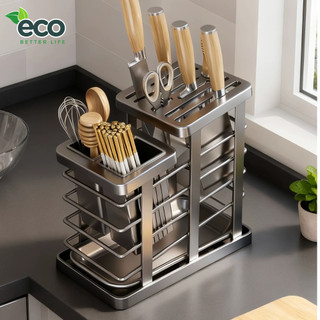 (SẴN) Giá Đựng Dao Thép Carbon Chống Gỉ ECO, Kệ Cài Dao Đũa Nhà Bếp Đa Năng Có Khay Hứng Nước