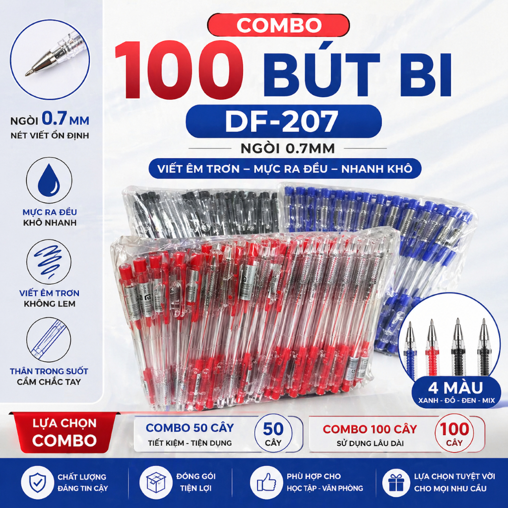 (COMBO 100) BÚT BI DF-207 ngòi 0.7MM (XANH/ĐỎ/ĐEN/MIX MÀU) viết êm trơn, mực ra đều, nhanh khô