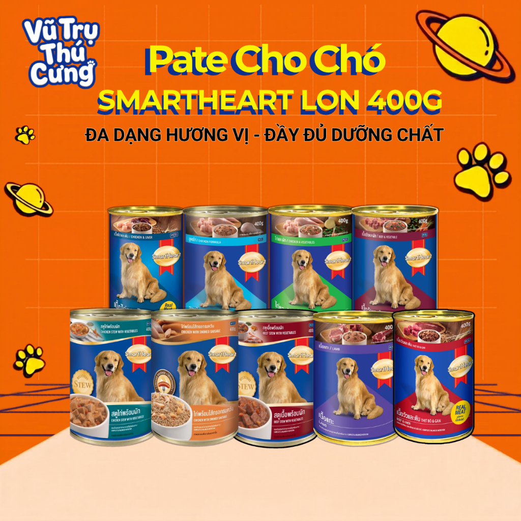 Pate Smartheart Cho Chó lon 400g nhiều dinh dưỡng, Thức ăn ướt cho chó vị Bò, Gà
