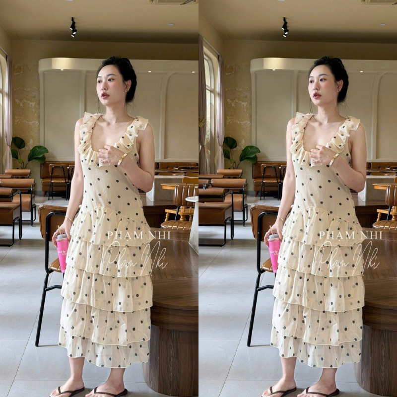 ZIMM STORE-Đầm xòe chấm bi thiết kế 3 tầng phối nơ ngực quyến rũ cho nàng