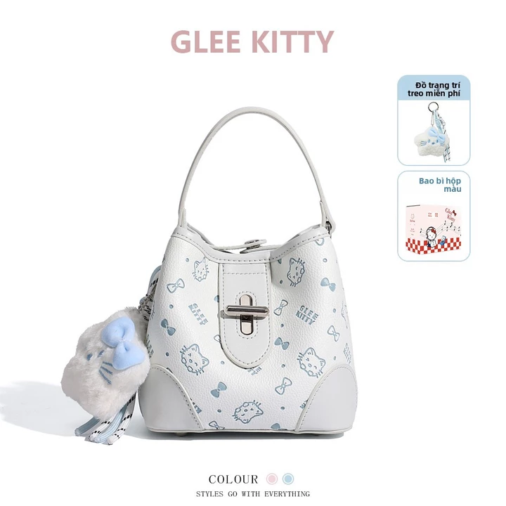 Túi nữ GLEE KITTY Túi bucket dập nổi Túi đeo vai cầm tay màu hồng kèm móc treo