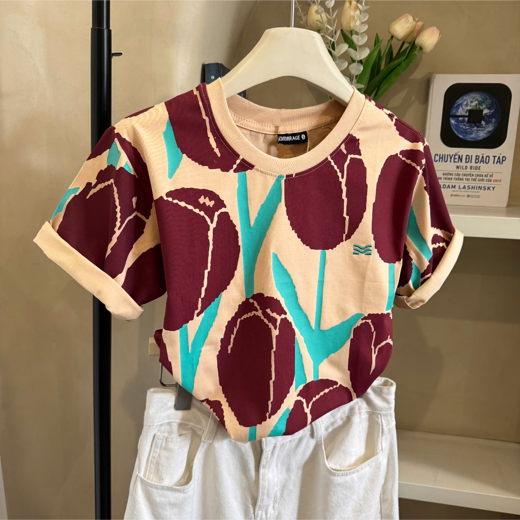 Áo Thun Phối Hoa Tulip Nâu Thanh Lịch, Chất Cotton Mềm Mịn, Có Kèm Hình Thật.