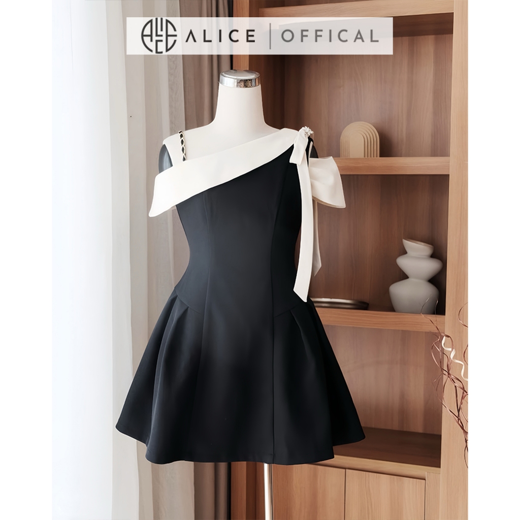 Váy Lệch Vai Tiểu Thư Alice Chất Xước Hàn Cao Cấp, Ép Mùng Chuẩn Form, Dáng Đầm Ngắn Xòe Nhẹ Nữ Tính T481