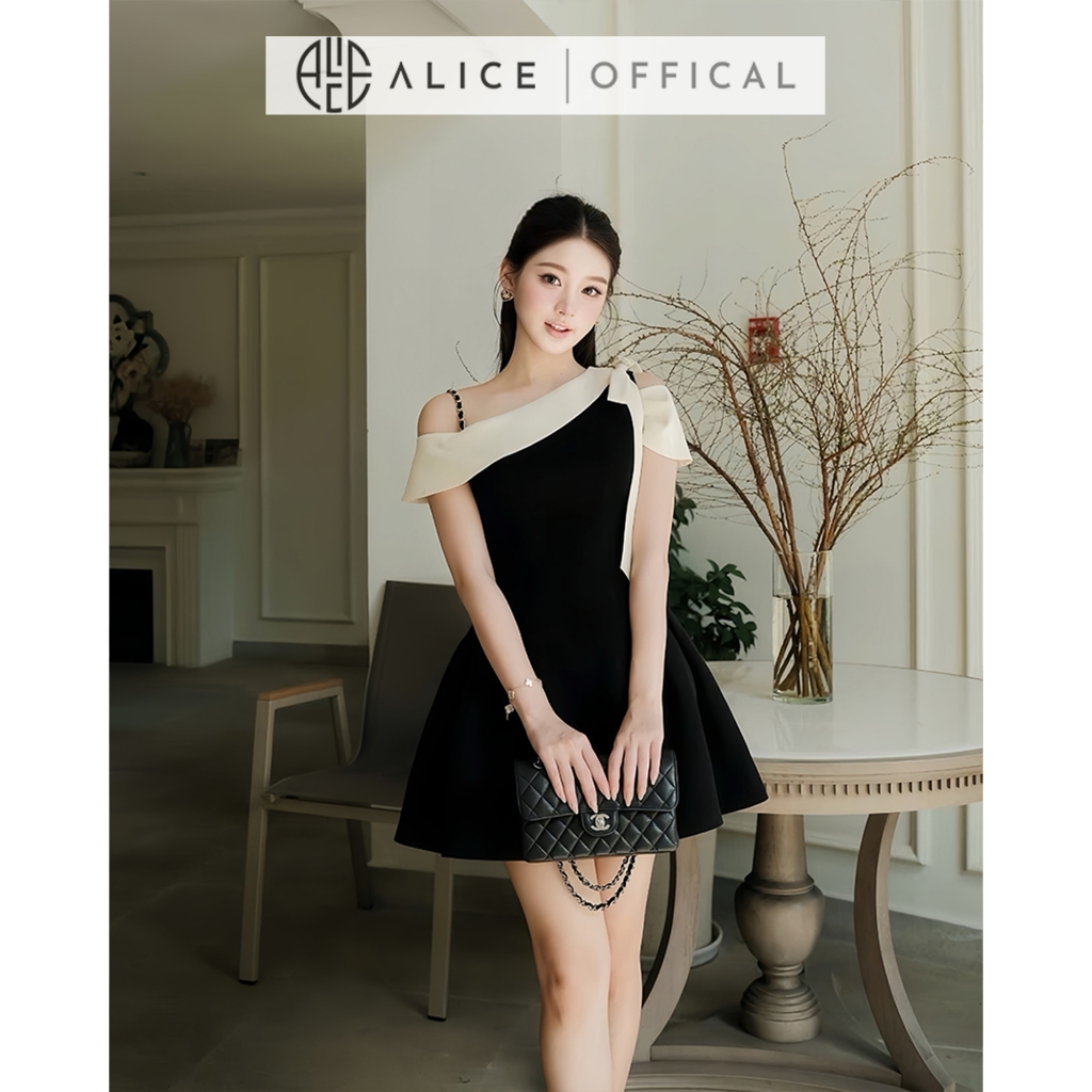 Váy Lệch Vai Tiểu Thư Alice Chất Xước Hàn Cao Cấp, Ép Mùng Chuẩn Form, Dáng Đầm Ngắn Xòe Nhẹ Nữ Tính T481