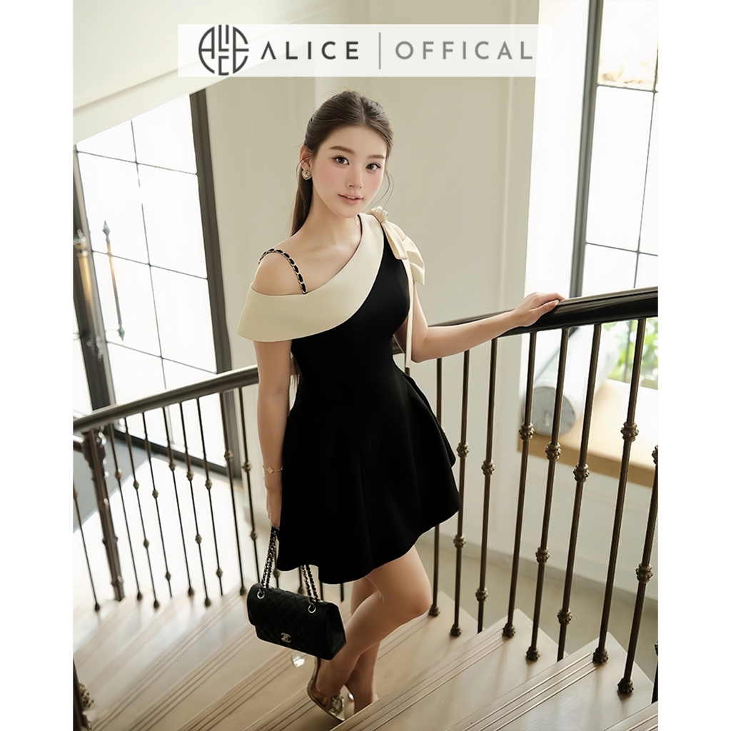 Váy Lệch Vai Tiểu Thư Alice Chất Xước Hàn Cao Cấp, Ép Mùng Chuẩn Form, Dáng Đầm Ngắn Xòe Nhẹ Nữ Tính T481