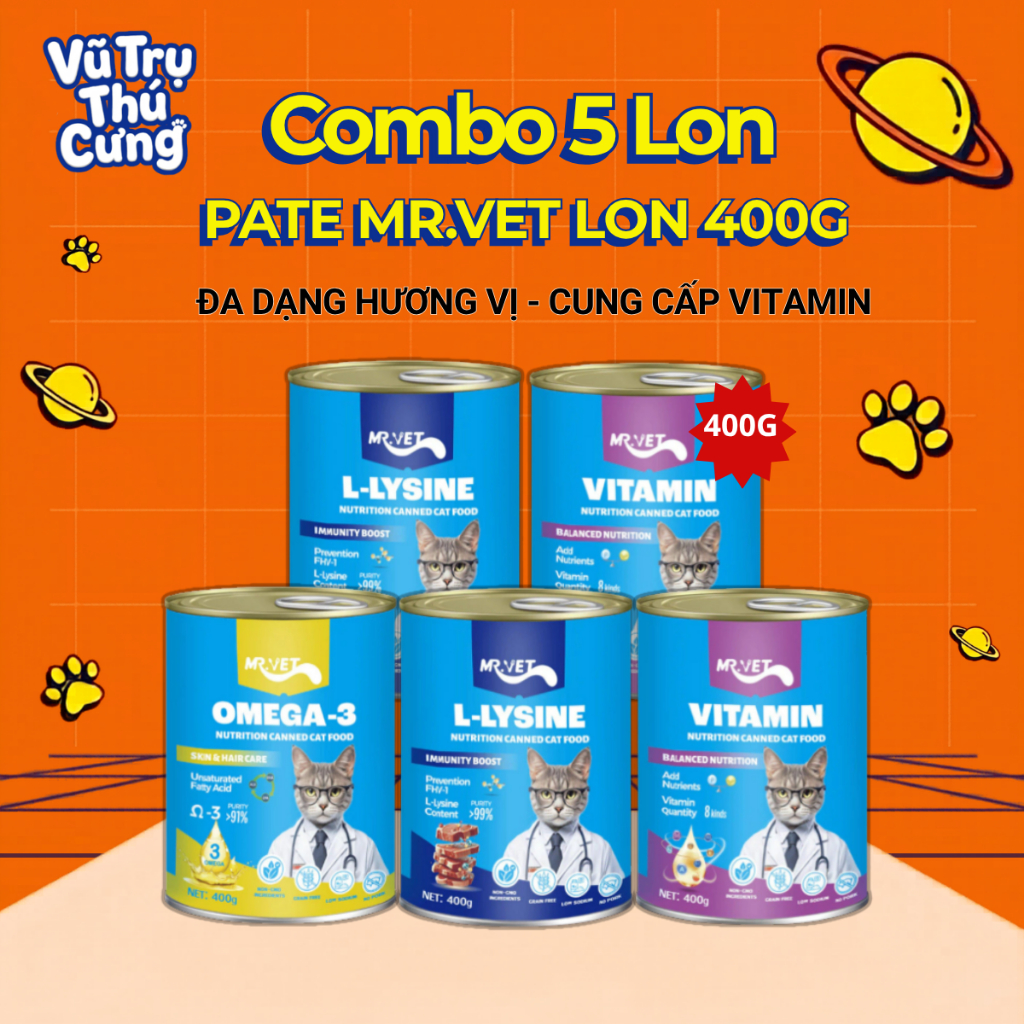 [COMBO 5 LON] Pate Mr.Vet Cho Mèo Dinh Dưỡng Giàu Đạm 400g