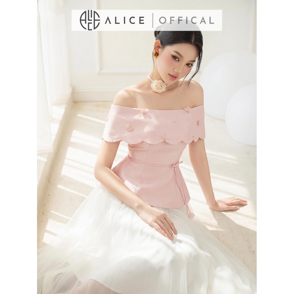 Set Váy Tiểu Thư Alice Cao Cấp, Áo Trễ Vai Chiết Eo Chất Tafta Đính Hoa Nổi, Chân Váy Lưới Maxi Nhiều Lớp T483