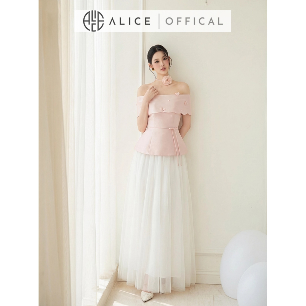 Set Váy Tiểu Thư Alice Cao Cấp, Áo Trễ Vai Chiết Eo Chất Tafta Đính Hoa Nổi, Chân Váy Lưới Maxi Nhiều Lớp T483