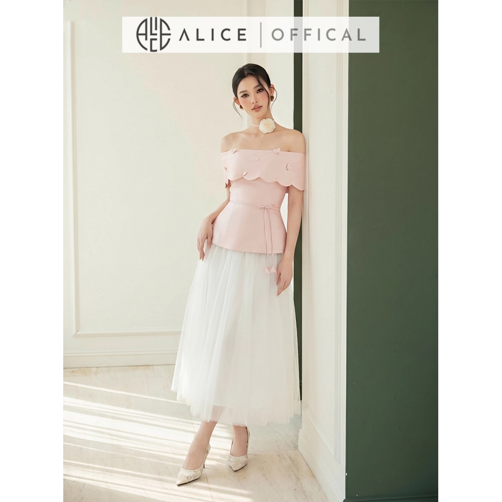 Set Váy Tiểu Thư Alice Cao Cấp, Áo Trễ Vai Chiết Eo Chất Tafta Đính Hoa Nổi, Chân Váy Lưới Maxi Nhiều Lớp T483