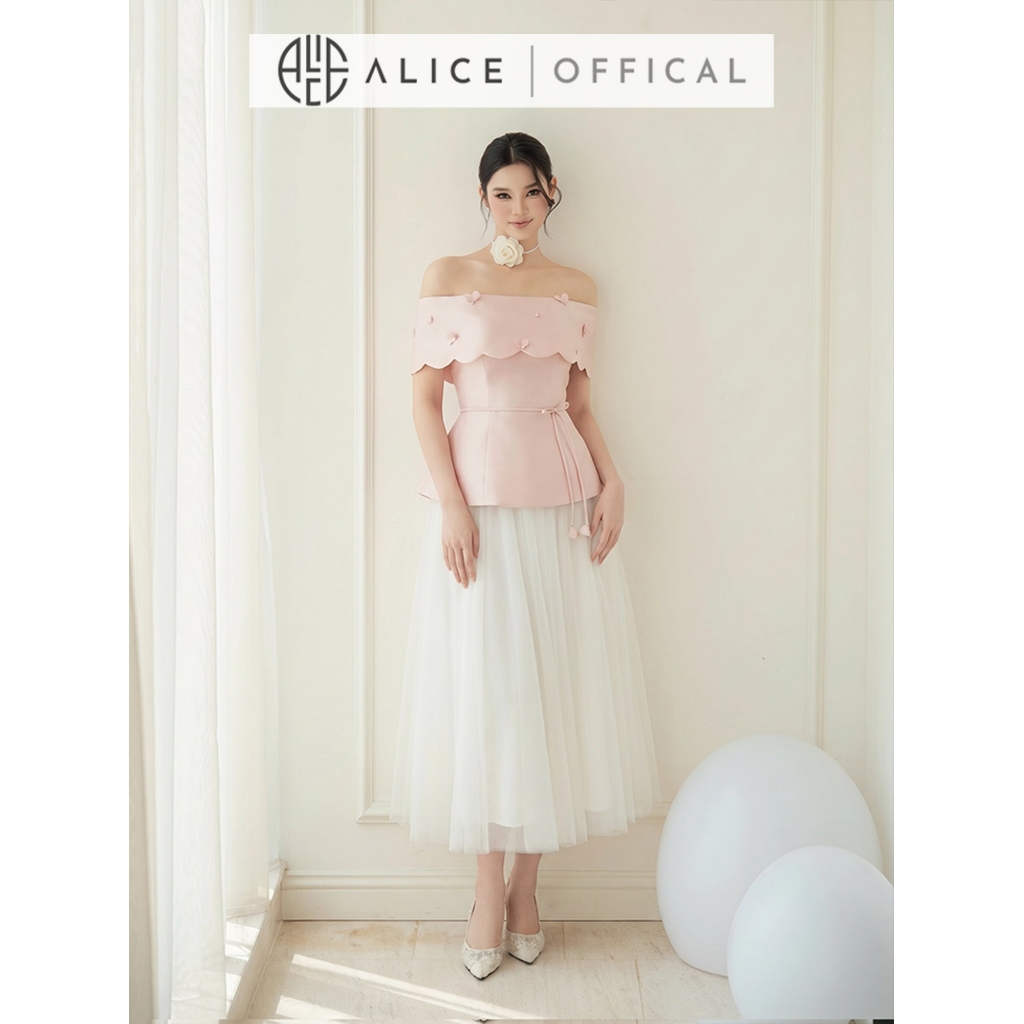 Set Váy Tiểu Thư Alice Cao Cấp, Áo Trễ Vai Chiết Eo Chất Tafta Đính Hoa Nổi, Chân Váy Lưới Maxi Nhiều Lớp T483