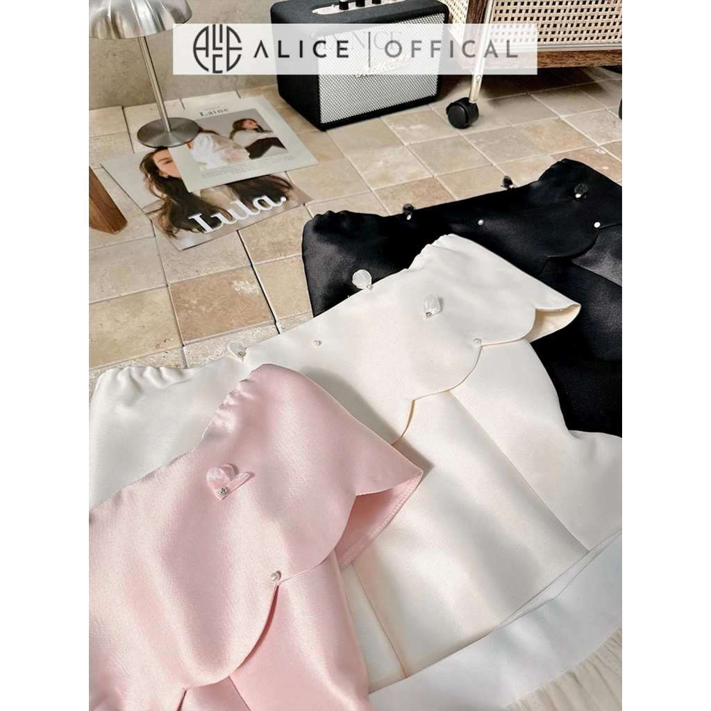 Set Váy Tiểu Thư Alice Cao Cấp, Áo Trễ Vai Chiết Eo Chất Tafta Đính Hoa Nổi, Chân Váy Lưới Maxi Nhiều Lớp T483