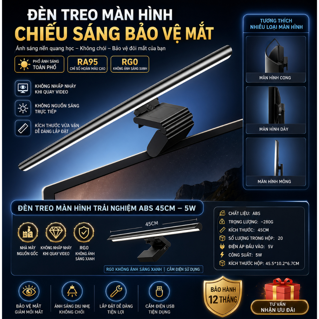 Đèn Treo Màn Hình Máy Tính Đa Năng 3 Chế Độ Ánh Sáng Bảo Vệ Mắt Chống Cận Thị, Tiết Kiệm Không Gian | BigBuy360 - bigbuy360.vn