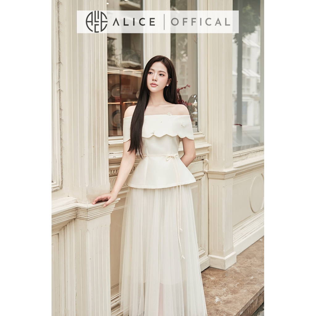 Set Đồ Tiểu Thư Alice, Áo Kem Chất Tafta Trễ Vai Dáng Peplum Phối Chân Váy Lưới Xòe Bồng Sang Trọng T483