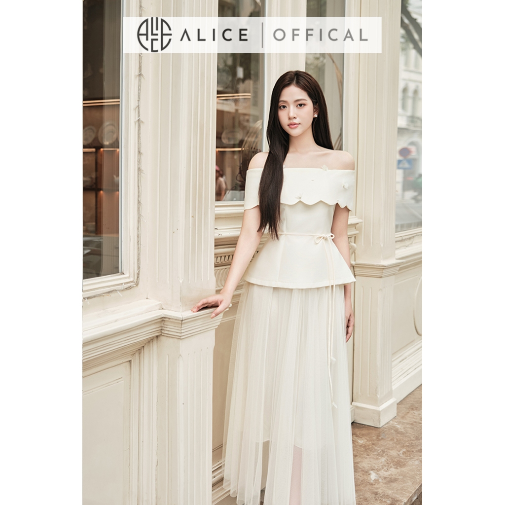 Set Đồ Tiểu Thư Alice, Áo Kem Chất Tafta Trễ Vai Dáng Peplum Phối Chân Váy Lưới Xòe Bồng Sang Trọng T483