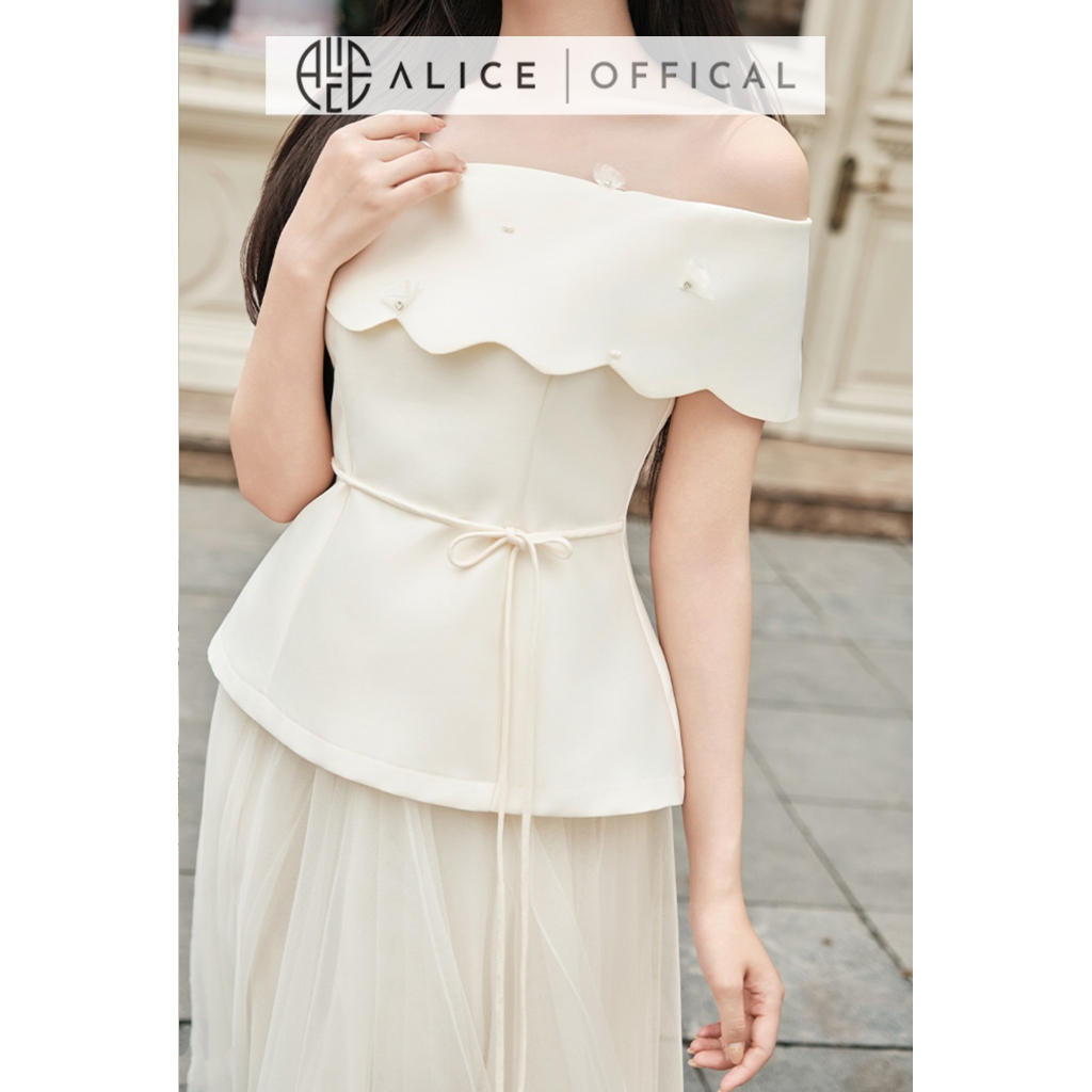 Set Đồ Tiểu Thư Alice, Áo Kem Chất Tafta Trễ Vai Dáng Peplum Phối Chân Váy Lưới Xòe Bồng Sang Trọng T483
