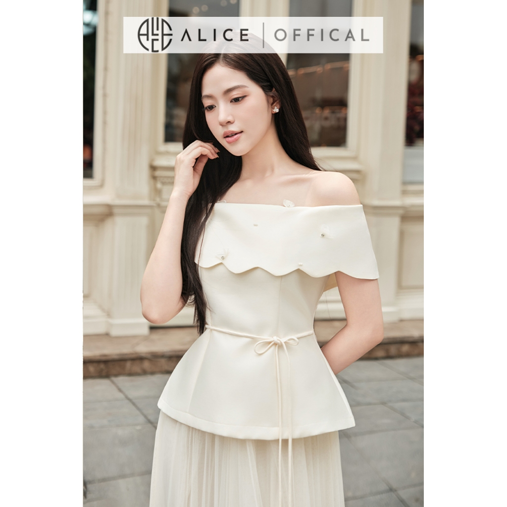 Set Đồ Tiểu Thư Alice, Áo Kem Chất Tafta Trễ Vai Dáng Peplum Phối Chân Váy Lưới Xòe Bồng Sang Trọng T483