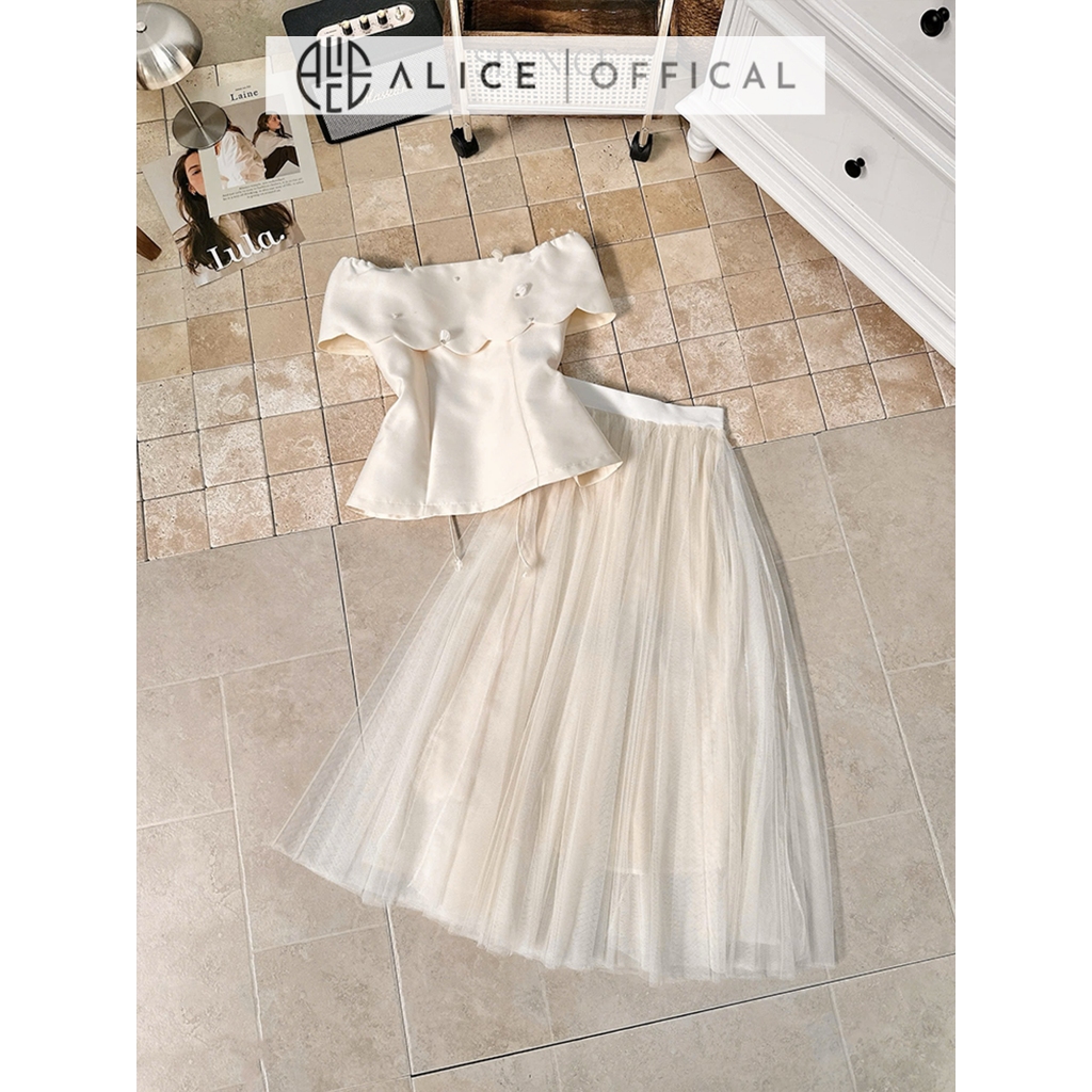 Set Đồ Tiểu Thư Alice, Áo Kem Chất Tafta Trễ Vai Dáng Peplum Phối Chân Váy Lưới Xòe Bồng Sang Trọng T483