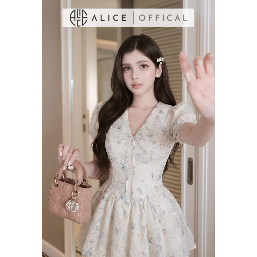 Váy Hoa Nhí Tiểu Thư Alice Màu Xanh Nhạt, Dáng Đầm Ngắn Xòe Chiết Eo Cổ Chữ V Phù Hợp Mùa Hè T485