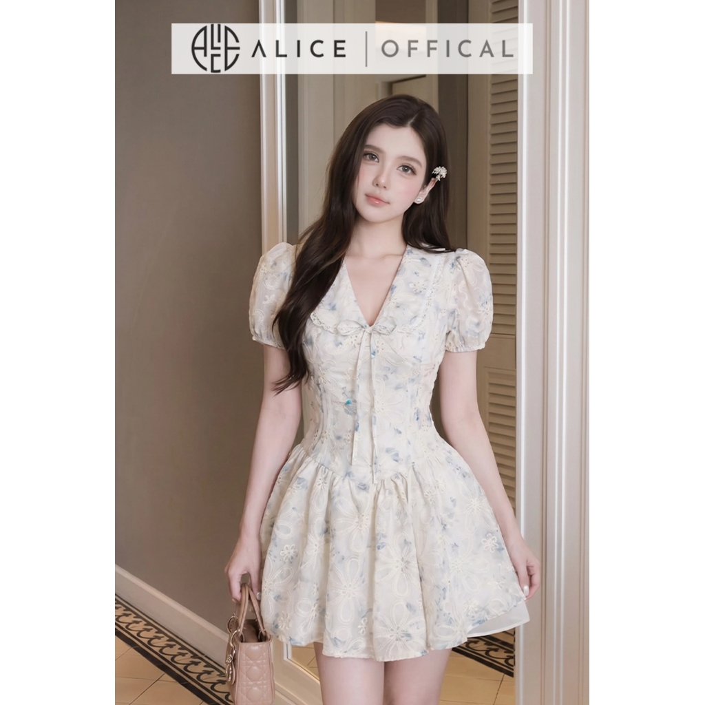 Váy Hoa Nhí Tiểu Thư Alice Màu Xanh Nhạt, Dáng Đầm Ngắn Xòe Chiết Eo Cổ Chữ V Phù Hợp Mùa Hè T485