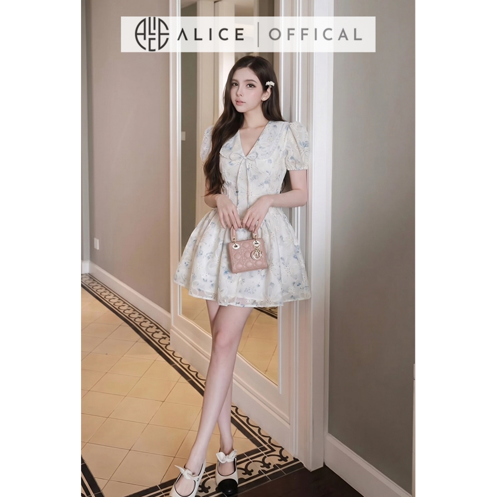 Váy Hoa Nhí Tiểu Thư Alice Màu Xanh Nhạt, Dáng Đầm Ngắn Xòe Chiết Eo Cổ Chữ V Phù Hợp Mùa Hè T485