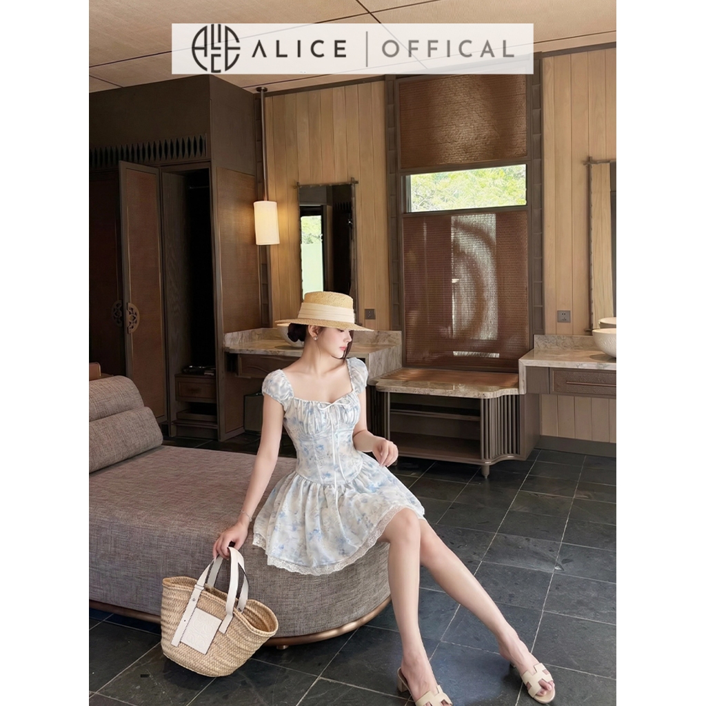 Váy Mùa Hè Trễ Vai Alice Phối Hoa Thiêu Nổi, Đầm Xòe Chữ A Thiết Kế Cúp Ngực Nhùn Bèo Có Ren Đuôi Váy T487