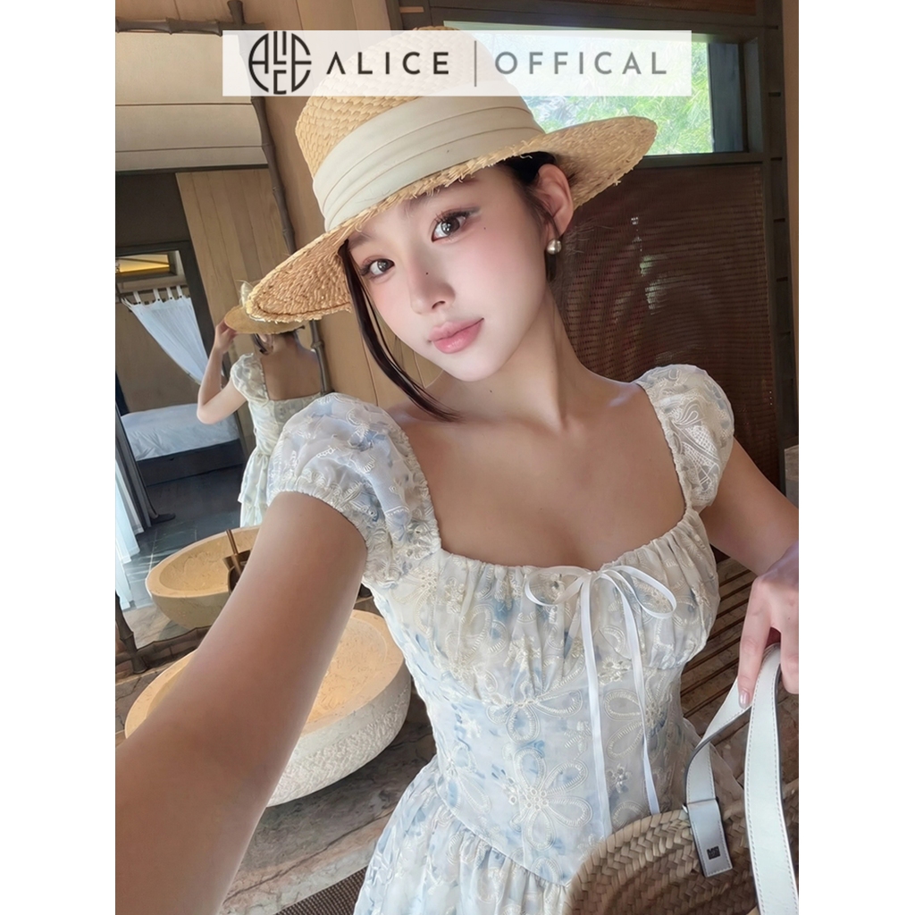 Váy Mùa Hè Trễ Vai Alice Phối Hoa Thiêu Nổi, Đầm Xòe Chữ A Thiết Kế Cúp Ngực Nhùn Bèo Có Ren Đuôi Váy T487