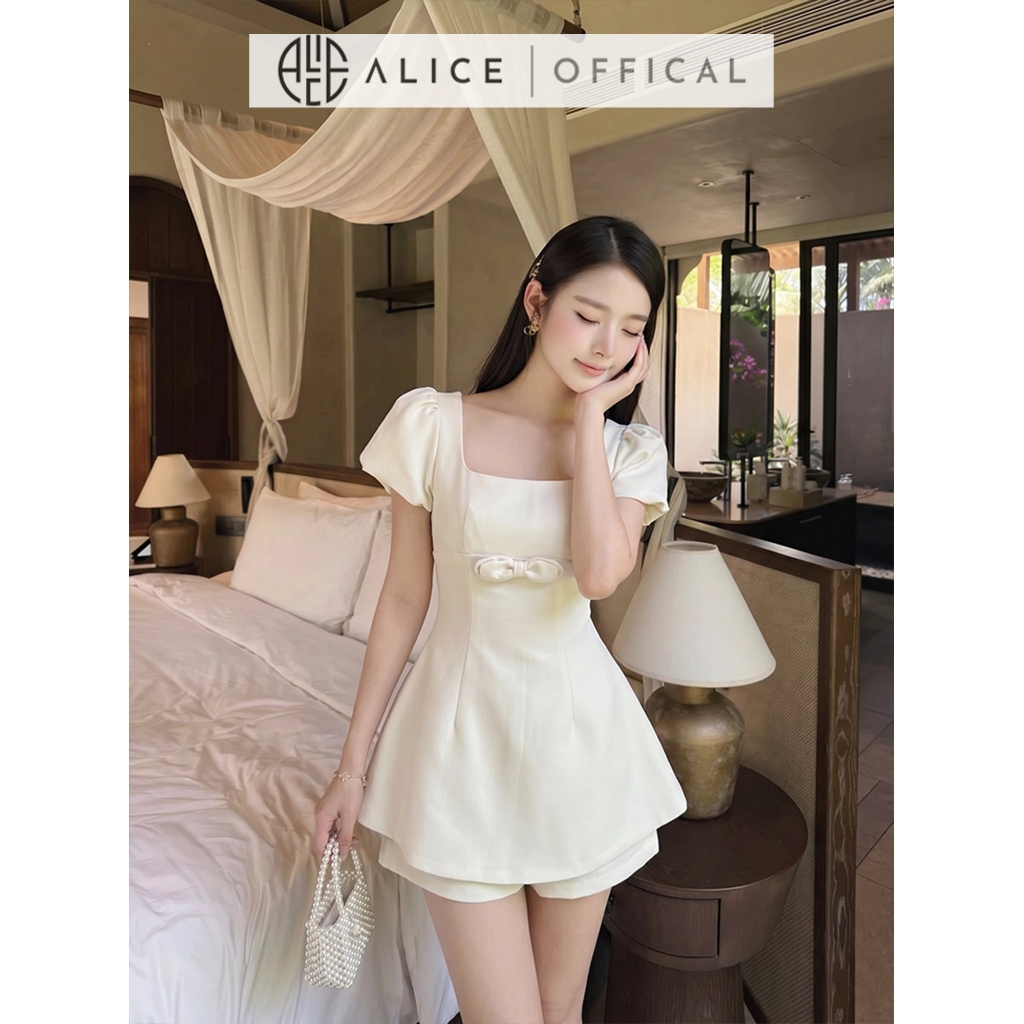 Set Váy Nữ Cao Cấp Alice Chất Chéo, Áo Peplum Cổ Vuông Tay Bồng Phối Quần Đùi Dáng Ngắn T489