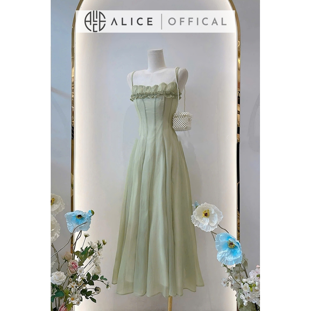 Váy Tiểu Thư Dáng Maxi Alice Chất Tơ Voan, Đầm Hai Dây Ngực Phối Bèo Nhún Nữ Tính T490