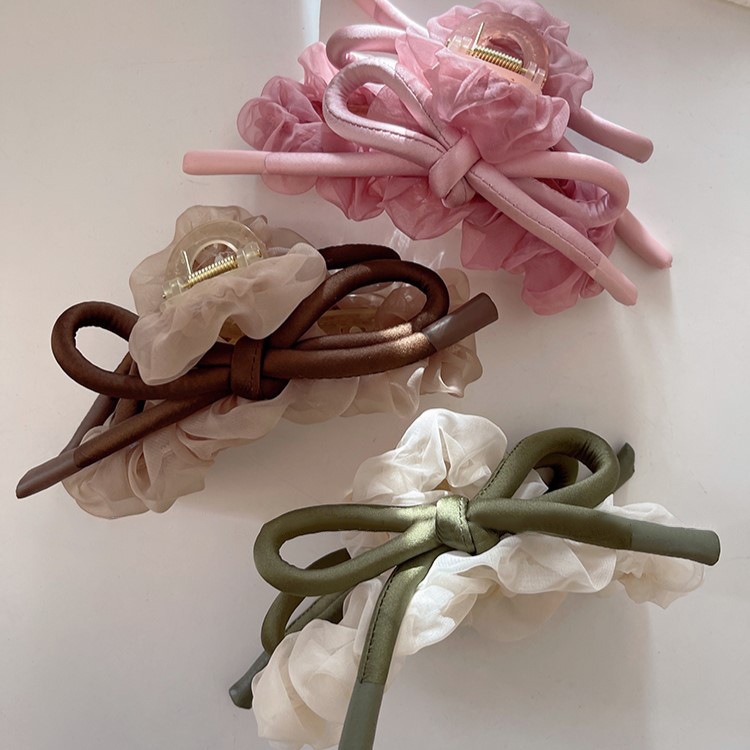 Kẹp Tóc Nơ Da Mix Voan Hàn Quốc – Kẹp Càng Cua Nơ Bản Lớn Phối Scrunchie Nữ Tính Thanh Lịch