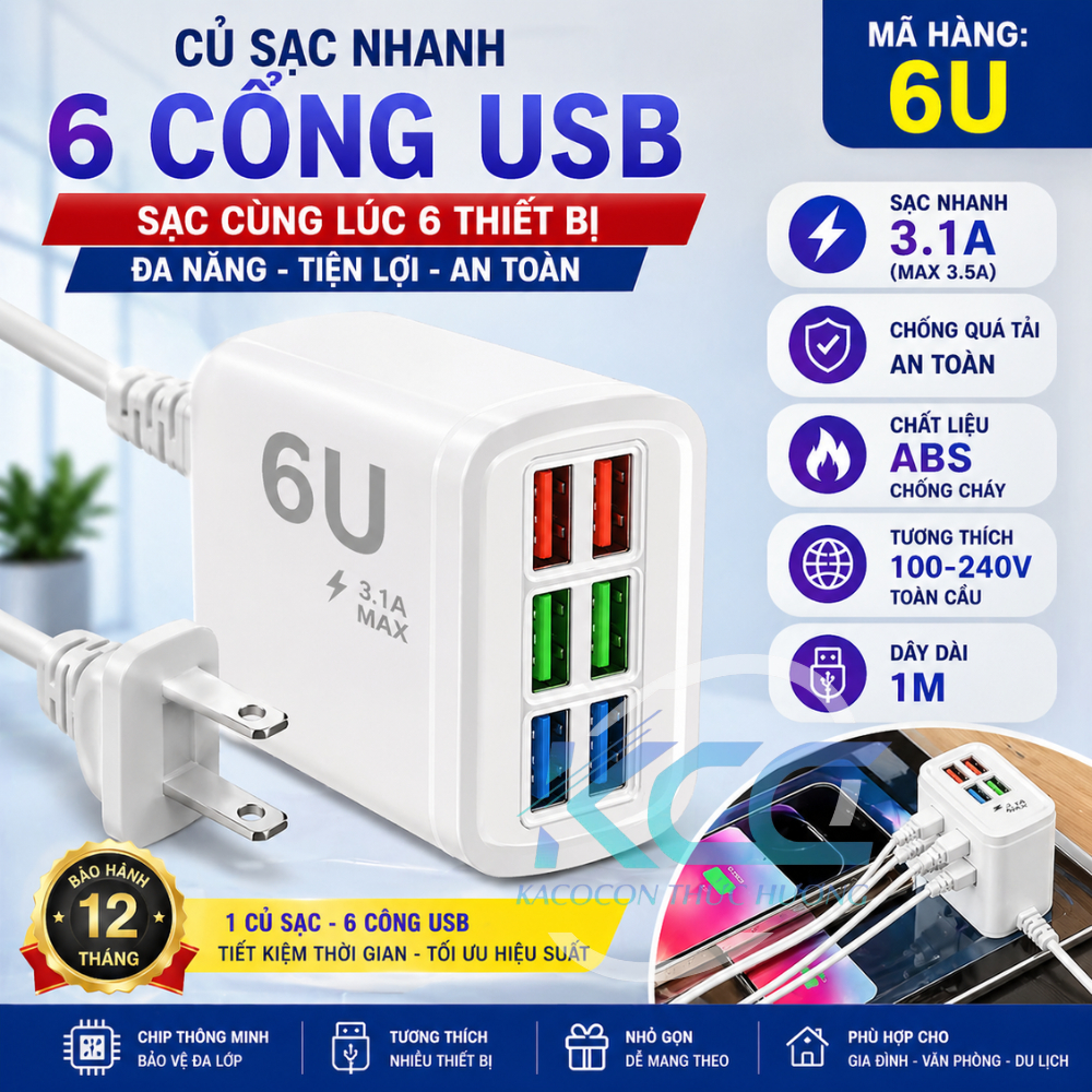 Hub Sạc USB 6 Cổng 6U Sạc Nhanh Đa Năng Chống Nóng Quá Dòng Dùng Cho Điện Thoại Máy Tính Bảng