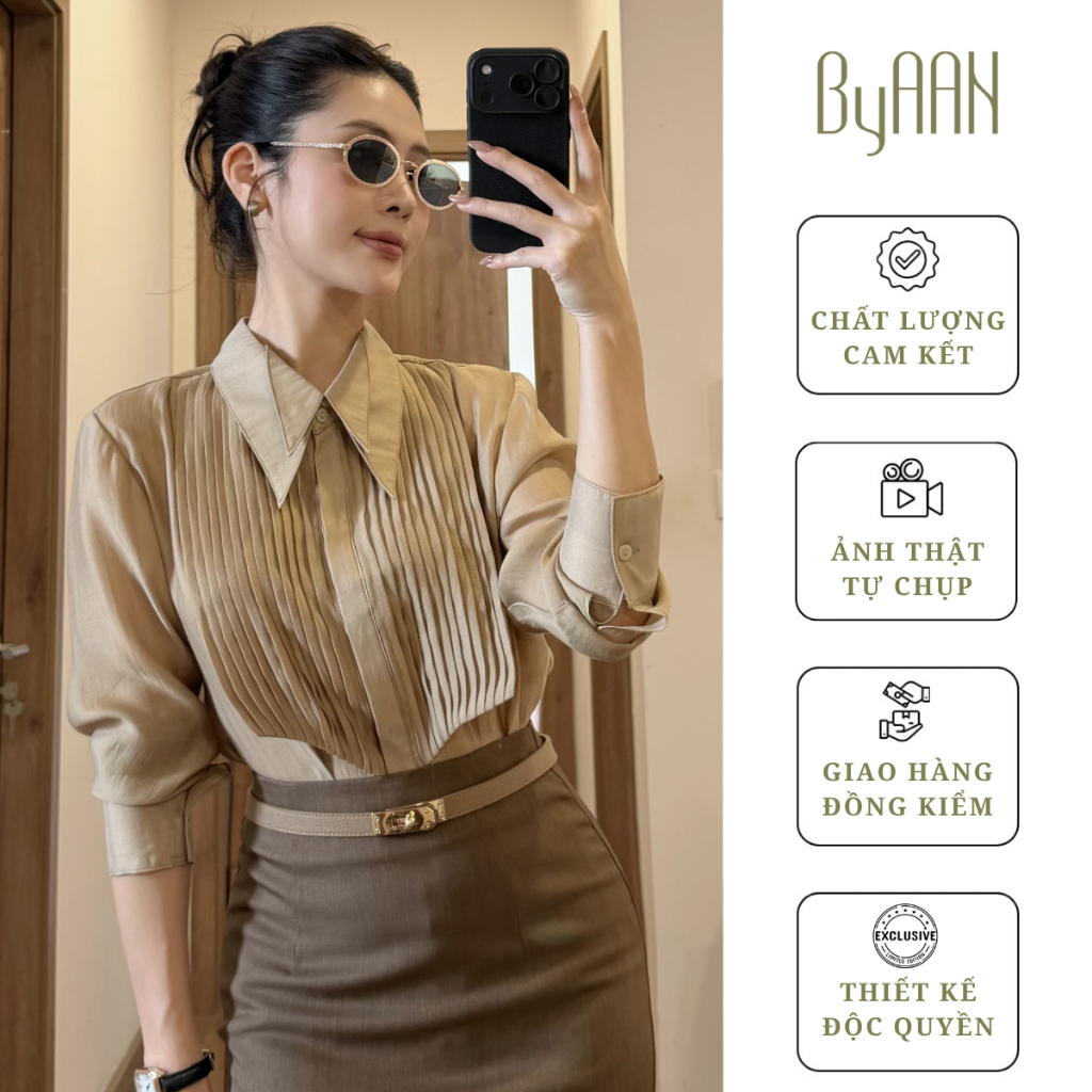 Áo Sơ Mi Tơ Creep Cổ Đôi Phối Xếp Ly - ByAAN A124