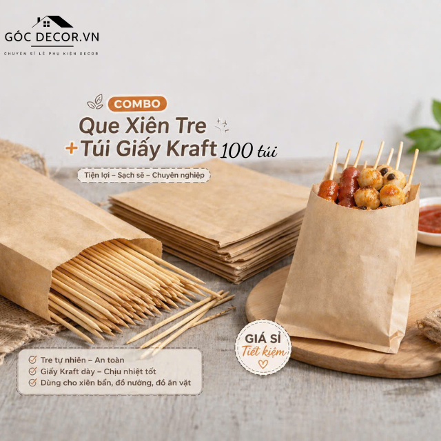 Combo Que xiên tre + 100 Túi giấy Kraft đựng đồ ăn vặt, xiên bẩn, thịt  nướng - tiện lợi, sạch, giá sỉ | Shopee Việt Nam