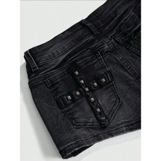 Quần short denim nữ cạp siêu thấp thêu chữ và chữ