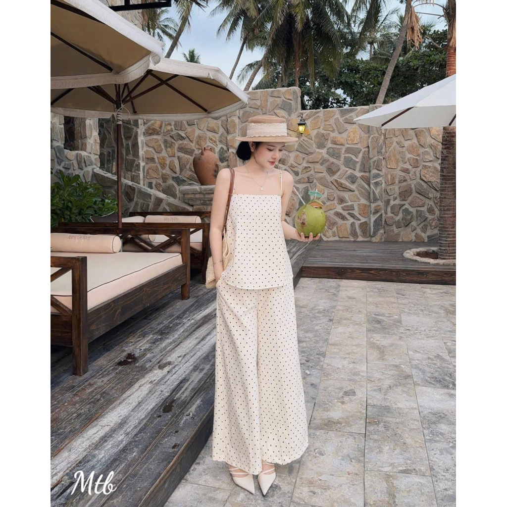 Set Áo Hai Dây, Quần Suông Dài Chất Linen Tone Nude Siêu Sáng Da