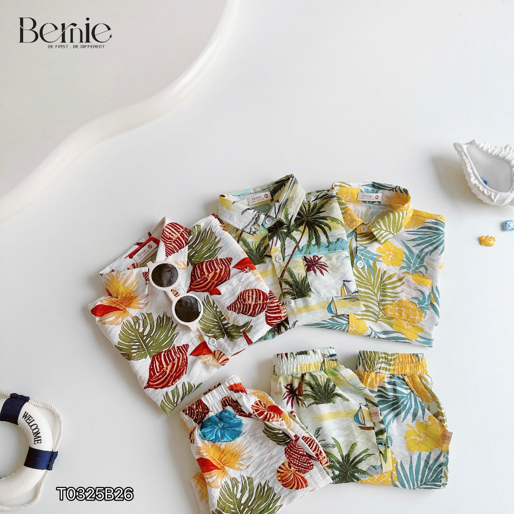 Bộ sơ mi đũi hoạ tiết in tràn đi biển cho bé trai, set sơ mi đũi sắc màu mềm mát cho bé