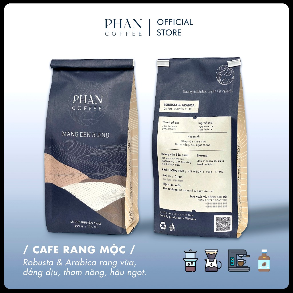 Cà phê MĂNG ĐEN BLEND Robusta & Arabica nguyên chất rang mộc đắng dịu thơm nồng pha phin, pha máy – Phan Coffee