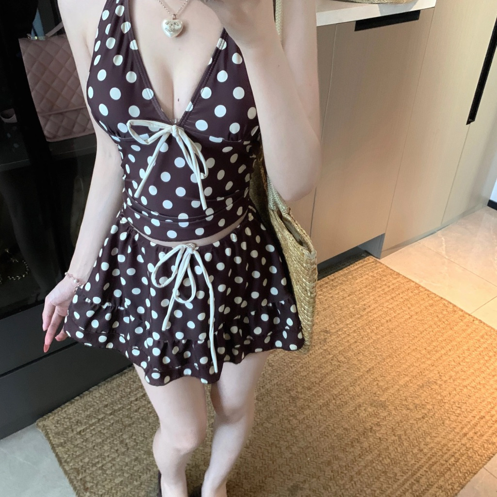 Đồ Bơi Nữ 3 Mảnh Bikini Dạng Váy Chấm Bi Vintage Đen Nâu