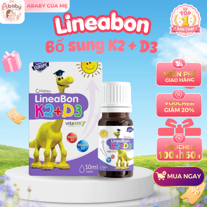 Lineabon k2 d3 bổ sung d3 k2 giúp hấp thu canxi hiệu quả, cải thiện mật độ xương, giúp xương và răng chắc khoẻ, lọ 10ml