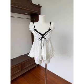 Set Áo Tay Nhí Phối Bra Chấm Bi Dáng Babydoll Thắt Nơ Viền Dập Xoắn Chất Thô Hàng Quảng Châu.