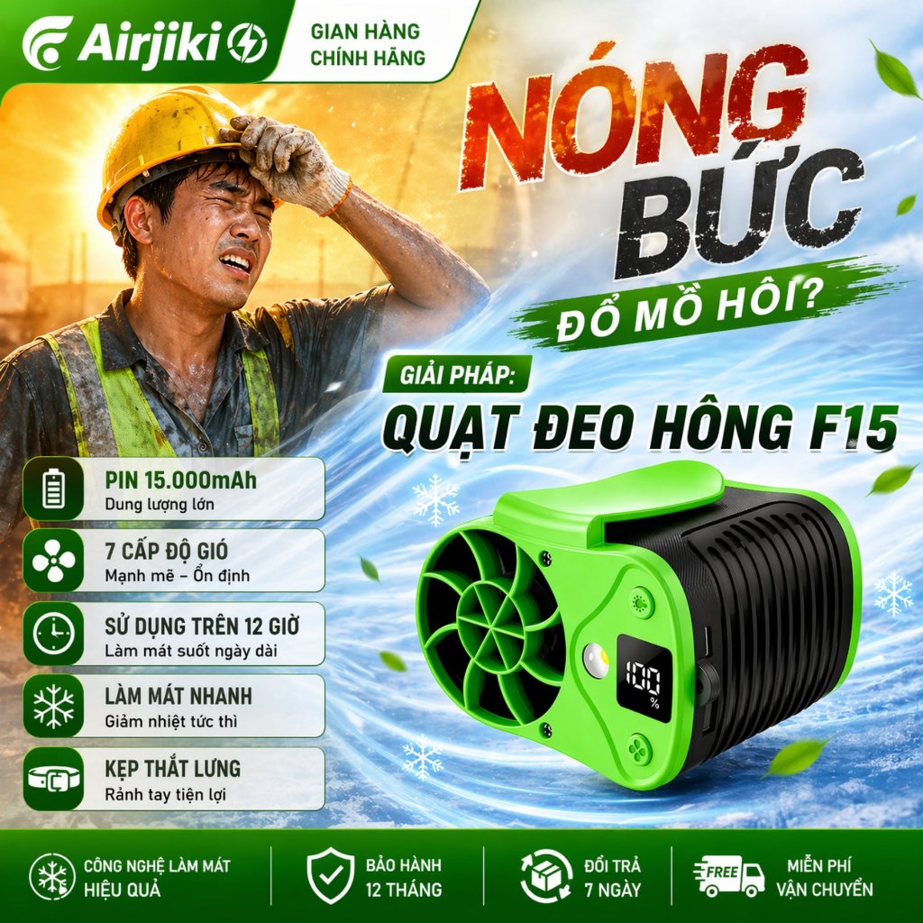 Quạt mini đeo thắt lưng F15 Cao Cấp - 7 Cấp Độ Gió 15.000mAh . động co turbo mạnh khỏe