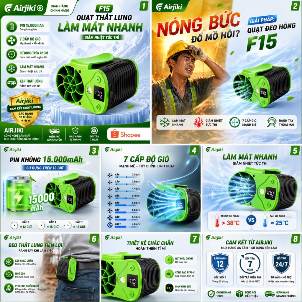 Quạt mini đeo thắt lưng F15 Cao Cấp - 7 Cấp Độ Gió 15.000mAh . động co turbo mạnh khỏe