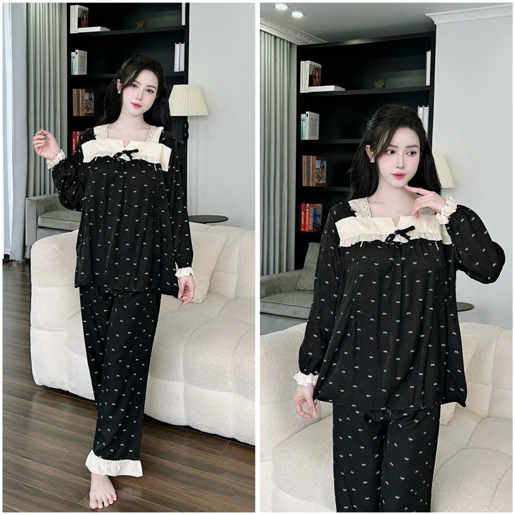 Bộ bầu - bộ sau sinh - BỘ DÀI ĐŨI NHĂN CỔ VUÔNG NƠ - 2 màu