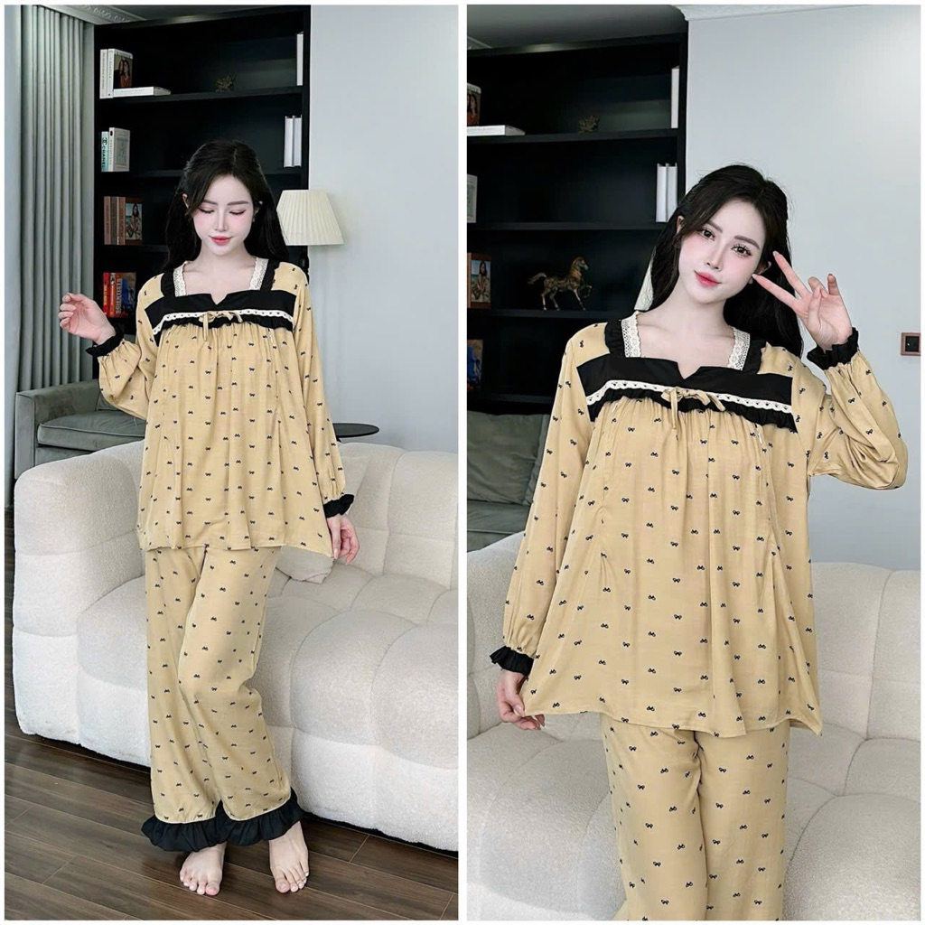 Bộ bầu - bộ sau sinh - BỘ DÀI ĐŨI NHĂN CỔ VUÔNG NƠ - 2 màu